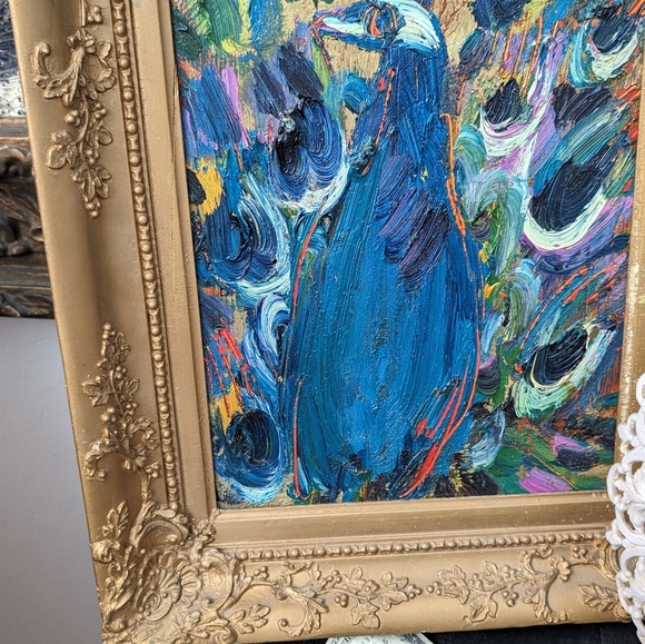 Oil on canvas peacock painting by Hunt Slonem.  11" x 14".  Painted 2011. - Picture 15 of 15